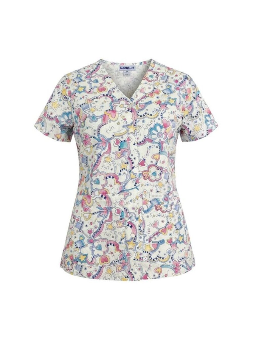 Landau Womens XSM Printed Scrub Top V-Neck Short Sleeve Multicolor Hearts Stars